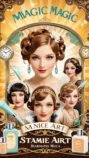 A detailed whimsical background in the 1920s, with young, cheerful women with the typical different hairstyles of that time, testing cosmetic products, with the focus on the quality of the products and the skill in applying make-up. With a touch of Mucha and steam punk.
At the bottom right is the text in thin font: “Magic-Art”., photo, typography, conceptual art, 3d render