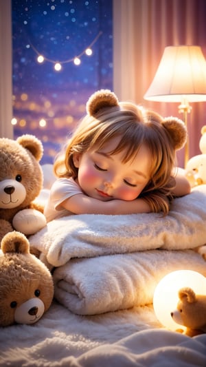 Night scene style, realistic high quality, bedroom furniture, A cute adorable beautiful eyes little girl hug a  cute little fuzzy teddy bear, Lying down and Sleeping on the pillow with a fluffy blanket, closed eyes sleeped, so happiness and enjoying, lamps lighting soft bokeh background.
