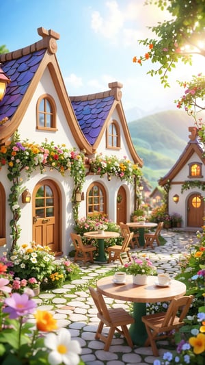 Flowers bloom bokeh background, Morning fresh and beautiful Hobbit's fantastic village scene style, white and colorful outdoor coffee shop style, flowers vines on roof , farealistic high quality landscape, flowers trees bloom and lights soft sweet beautiful bokeh background, music and romantic scene, every small tables have table runner and full flowers vase.