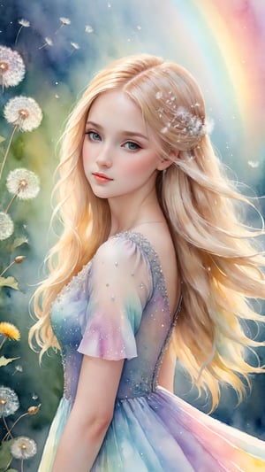 A mesmerizing English watercolor illustration of a tender and charming young girl with long blonde hair, adorned with delicate dandelions and pastel rainbow colored dress and accented with silver ink details. The girl stands gracefully amidst a gentle haze, surrounded by a blend of vibrant and soft lighting that creates an ethereal atmosphere. The high-resolution, 4K artwork captures intricate details and a lifelike portrayal of the scene, resulting in a visually captivating and aesthetically pleasing piece that transcends the boundaries of traditional color, illustration, poster, and conceptual art., conceptual art, illustration, painting, poster