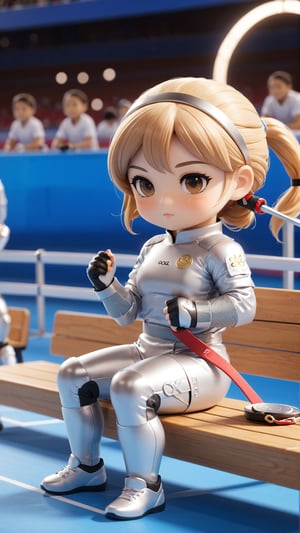 Masterpiece, 4K, ultra detailed, Chibi Art Style, beautiful female fencing athlete resting on side bench, Olympic competition, SFW, depth of field,