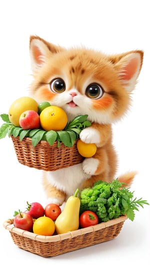 A cute fluffy big eyes so charming and adorable little fuzzy pet, Carrying a basket full of fruits and vegetables and enjoying, white background.