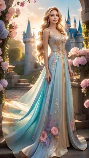 A captivating cinematic portrait of a young woman gracefully embodying a whimsical princess. Her cascading blonde hair frames her face as she playfully gazes at the viewer. She dons a stunning pastel dress adorned with delicate floral patterns and a fluttering train. The background reveals a majestic castle with towering spires, bathed in warm, golden light. The castle is encircled by a lush, enchanting forest, where sunlight dapples through the canopy, creating a dreamy atmosphere. The overall scene is transportive, immersing the viewer in a world of magic and wonder., architecture, photo, cinematic, fashion, product