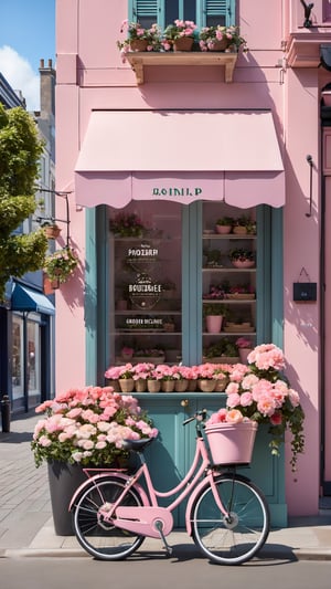 flower, outdoors, day, no humans, plant, ground vehicle, scenery, pink flower, door, potted plant, bicycle, shop, flower pot, storefront