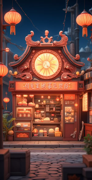 https://s.mj.run/2UNKyodd7hI A cute mooncake shop, pastel color scheme, 3D rendering, in the style of Pixar, cute characters and objects, exquisite details, cute elements, night scene with street lights, warm colors, high resolution, full of vitality. A large window is decorated in the shape of an orange space pattern on top, surrounded by oversized cookies, various types of colorful Mid-Autumn Festival cakes inside, street view of a small town, high definition, high detail, bright light source, warm tones 