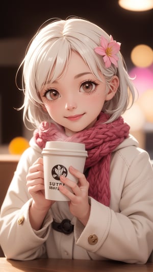 The cute world of wool felt, a cute little girl wearing colorful and white fluffy coat and scarf is drinking hot coffee in a coffee shop, very beautiful, enjoying the coffee, smiling slightly, realistic super details, soft focus, chibi, tilt-shift, super lighting , volume, Jon Klassen, focus, 80mm lens, wide aperture, light colors, flower bloom and lights bokeh background, 8k HD