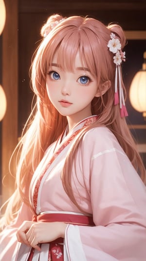 Pixar anime movie scene style, realistic high quality portrait photography, a beautiful charming eyes and perfect face girl wearing pink and white ruffles hanfu, lamps lighting soft, full body, depth of field.