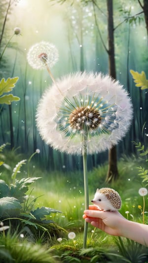 A hand holding a long stemmed dandelion. The white dandelion resembles a hedgehog, with tiny black eyes and a curious expression. The background is blurred forest, emphasizing the foreground, and the overall mood of the image is whimsical and playful. High quality. Soft, ethereal.watercolors and pencil art, illustration, painting