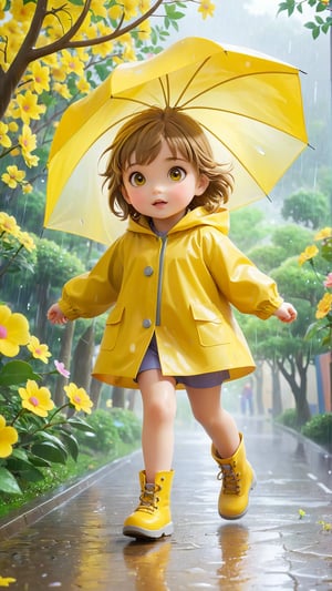 Pixar anime movie scene style,The typhoon is coming.The sky is clouded over, A beautiful eyes so charming and light brown hair adorable cute little girl is wearing a yellow raincoat and walking on the street in the wind and rain. The wind and rain are heavy, and the flowers and trees are bent by the wind and rain.Trees bent by the wind by the roadside as background.