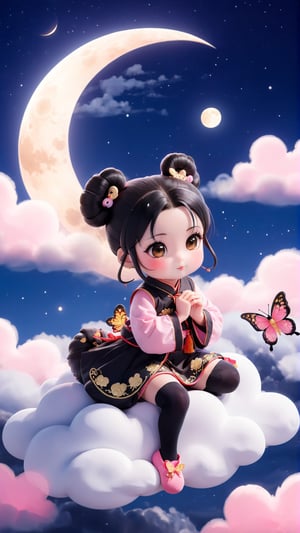 1girl, solo, black hair, hair ornament, brown eyes, sitting on the clouds, sky, socks, cloud, hair bun, Pink and white, chibi, black eyes, double bun, night, chinese clothes, moon, bug, butterfly, night sky, full moon