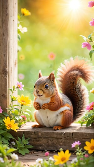 A tiny, adorable squirrel with soft fur and big, curious eyes peers out from behind a weathered wooden wall, surrounded by vibrant flowers in full bloom. The warm sunlight casts a gentle glow, with the blooms' delicate petals blurred to perfection in the bokeh background. The squirrel's pose is playful, as if it's about to scamper off or whisper secrets to the viewer.