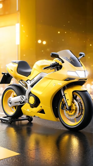 Una creación futurista y asombrosa de una motocicleta personalizada en 3D, destacada por detalles dorados y un resplandeciente brillo de color amarillo neón. La motocicleta presenta un aspecto elegante y sofisticado, inspirado en la Genesis, y adorna un fondo de plata brillante que resalta su apariencia única. El nombre "Hello" se encuentra inscrito en grandes letras cursivas, con un efecto refinado y elegante gracias al contorno dorado intenso. El sello "By Design Digital" en suaves tonos dorados es un reconocimiento al talento y habilidad del artista digital en esta obra maestra.lighting bokeh background.