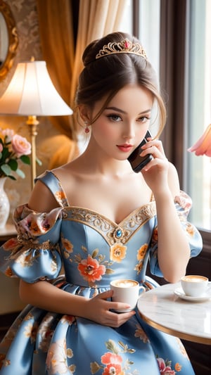 Flowers bloom style, A stunning portrait photograph of a young princess enjoying her morning coffee. The princess is dressed in a chic and elegant outfit, with a beautiful floral pattern on the dress. She holds a steaming cup of coffee with her left hand, and in her right hand, she has a smartphone, possibly to capture the perfect #OOTD moment. Lamps lighting soft,  The background is tastefully blurred, highlighting the princess and her morning ritual., portrait photography, fashion, photo, depth of field.