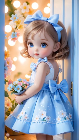 Night style, Side view shot, Flowers bloom, A beautiful adorable girl, With a small bow tied on her head, beautiful eyes, and a cute little girl hiding in the door, half body out door, she wearing light blue and white dress is so sweet and play bubble toy, playful and charming.lovely portrait photography, realistic high quality portrait image,flowers bloom bokeh background, depth of field.