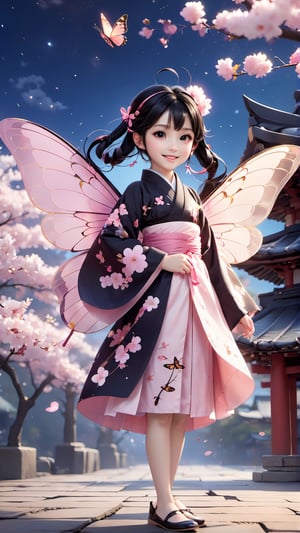 1girl, solo, smile, open mouth, black hair, hair ornament, long sleeves, twintails, full body, outdoors, japanese clothes, wings, sky, shoes, kimono, blurry, black eyes, tree, sash, night, obi, bug, short twintails, cherry blossoms, butterfly, child, star \(sky\), night sky, flying, pink footwear, fairy wings, female child, fairy, black kimono, architecture, east asian architecture, butterfly wings