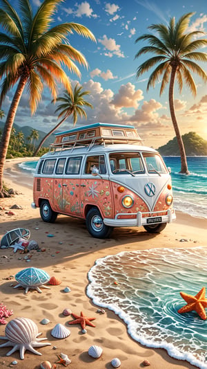 ((ultra realistic photo)) a cute little British shorthaired Kitty playing with a little ball of yarn ON A PLAID, IN FRONT OF THE CLASSIC VW CAMPER VAN, LOVELY WELL-ARRANGED CAMPING ENVIROMENT (art, DETAILED textures, pure perfection, hIgh definition), detailed beach around , tiny delicate sea-shell, little delicate starfish, sea ,(very detailed TROPICAL hawaiian BAY BACKGROUND, SEA SHORE, PALM TREES, DETAILED LANDSCAPE, COLORFUL) (GOLDEN HOUR LIGHTING), delicate coral, sand piles,LegendDarkFantasy