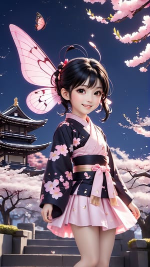 1girl, solo, smile, open mouth, black hair, hair ornament, long sleeves, twintails, full body, outdoors, japanese clothes, wings, sky, shoes, kimono, blurry, black eyes, tree, sash, night, obi, bug, short twintails, cherry blossoms, butterfly, child, star \(sky\), night sky, flying, pink footwear, fairy wings, female child, fairy, black kimono, architecture, east asian architecture, butterfly wings