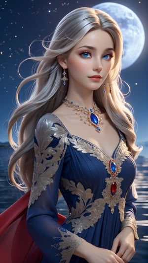 A stunning 3D render of the character Lilia, a graceful and mysterious woman. Lilia has long, flowing silver hair and enchanting deep blue eyes. She is adorned with elegant jewelry and a flowing, ethereal red dress that shimmers like the night sky. The background shows a serene night scene with a full moon, a calm lake, and a starry sky above. The overall atmosphere is magical and captivating, as if Lilia herself embodies the essence of a celestial being., photo, 3d render