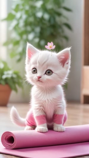 Flowers blooming, an adorable kitten wearing pink yoga suits in yoga pose and another yoga pose,doing a yoga on yoga mat,photo real,classic composition,masterpiece,exquisite,color correction,amazing visual effects,crazy details,Hold your hands on the ground and do a handstand,intricate details,sharp focus,HD, yoga pose, flowers blooming fantastic amazing and bokeh background, depth of field 