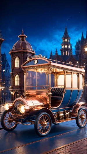 Create a high-resolution digital image of a steampunk vehicle in a Victorian-era city at night. The vehicle should combine elements of a Victorian carriage and a vintage automobile, with intricate brass and copper details. The scene should be illuminated by warm streetlights and building windows, with cool blue and dark tones in the background. Ensure the vehicle is sharply detailed, with the background buildings softly blurred for depth