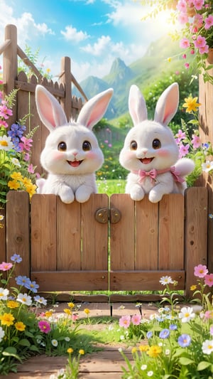 Two cute fluffy little fuzzy rabbits katching the fence wooden door, smile and happy, flowers blooming fantastic, wild flowers bloom around the fence and garden, beautiful and fantastic and dreamy, dreamy romantic scene style, depth of field.