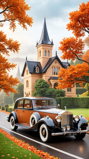 A captivating illustration by @elmagnifico2 features a classic black 1920s Rolls-Royce elegantly parked on a tree-lined road. The vehicle's timeless design contrasts with the grand, almost fairytale-like Victorian mansion in the background, which has a towering spire and prominent tower. The autumnal setting, with vibrant orange and brown leaves on the trees, adds warmth and richness to the scene. The overcast sky casts a moody atmosphere, enhancing the vintage charm and nostalgic allure of this idyllic tableau.