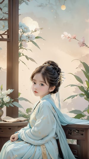 A five year old Chinese boy wearing a light blue Hanfu,very cute,with a cute and beautiful round face.She sits in front of a desk and looks up at the sky ,confident,charming,antique.CG rendered,cg rendering Surrealism style Pixar anime movie, flowers bloom bokeh background.