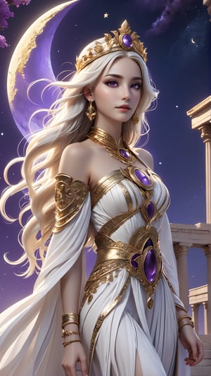 Design a female character, fair skin, white hair, long wavy hair, Tiara with a crescent moon in the center, golden tiara,purple eyes,Hourglass shaped body, long dress,Beautiful ancient Greek dress, Vaporous dress, waving in the wind,strappy heeled sandals, bracelets with intricate details Gold colored bracelets, choker with intricate details, choker in gold color, has a bright white aura,Ancient Greek temple, midnight, multiple stars in the sky,Crescent moon,FULL BODY, HIGTH DETAILED 8K, FULL UHD, 3d render, typography, cinematic, illustration, fashion, architecture, dark fantasy