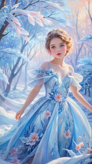 A captivating impressionist oil painting of a young girl, elegantly dressed in a whimsical, ice-inspired gown. Her eyes sparkle with curiosity, focused on something beyond the viewer's sight. The delicate floral details and flowing train of her gown are intricately portrayed through soft brushstrokes, evoking a dreamy and otherworldly atmosphere. The background features a blend of cool colors, with winter light filtering through the trees, casting a magical aura over the entire scene.