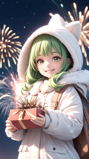 1 smiling little girl in white fluffy hooded coat with green gift box, cute girl with twinkling stars background, fireworks blooming as background