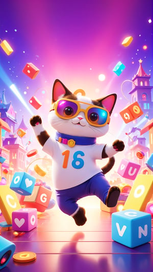 A whimsical and charming illustration of a dancing cat, showcasing its grace and merriment in every movement. The cat is adorned with a VR headset, and the background features vibrant colors, flashy lights, and bold symbols that evoke a sense of humor and celebration. The atmosphere is warm, cozy, and nostalgic, with a blend of classic and modern elements that pay homage to the simple joys of life and the captivating world of gaming., photo, 3d render, poster, cinematic, illustration, typography, fashion