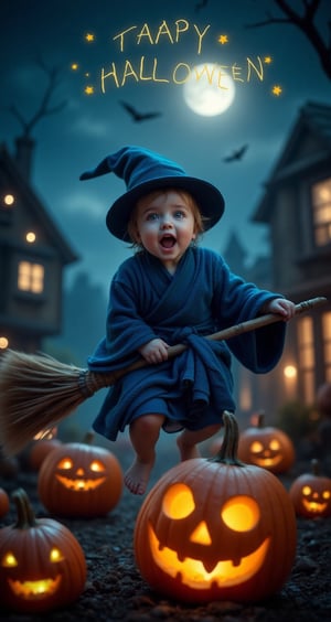 A cute baby in blue robes and a witch hat, flying on a broom, full-body portrait, with a moonlit background and houses decorated for Halloween. The words "HAPPY HALLOWEEN" are written above the picture in yellow letters. Green glowing eyes of witches in an orange light. A large pumpkin at night with an open mouth and shining teeth. In the sky, there's a big white half-moon. High resolution.