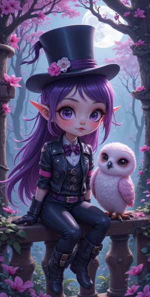 A whimsical, gothic, and kawaii style art scene featuring a cute little girl with messy long hair sitting on the fence with her fluffy owl beside her. She wears a top hat, styled by Artgerm, leather pants, buckled boots. The color palette includes purples, pinks, blacks, green and lavenders, with touches of white. She has marbled lipstick. The setting is magical and enchanting, like a moonlit forest or mystical castle, reminiscent of Anton Semenov's work. Fantastic amazing, Cute and enjoy 