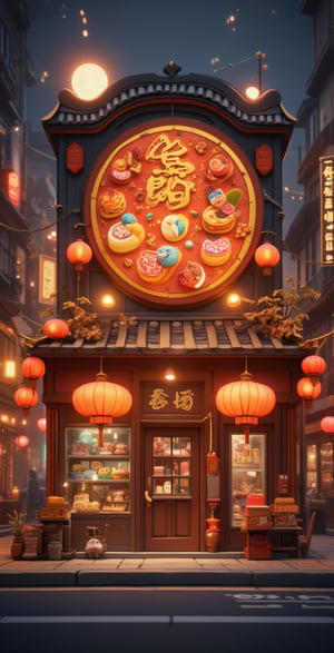 https://s.mj.run/2UNKyodd7hI A cute mooncake shop, pastel color scheme, 3D rendering, in the style of Pixar, cute characters and objects, exquisite details, cute elements, night scene with street lights, warm colors, high resolution, full of vitality. A large window is decorated in the shape of an orange space pattern on top, surrounded by oversized cookies, various types of colorful Mid-Autumn Festival cakes inside, street view of a small town, high definition, high detail, bright light source, warm tones 