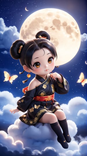 1girl, solo, black hair, hair ornament, brown eyes, sitting, sky, socks, cloud, hair bun, chibi, black eyes, double bun, night, chinese clothes, moon, bug, butterfly, night sky, full moon