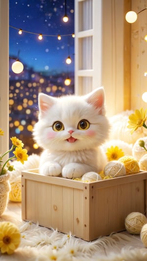 Pixar anime movie scene style, realistic high quality animal photography, A white yellow adorable cute fluffy beautiful eyes so charming kitten behind in the wooden box, looking outside and The curious expression is so cute, closed mouth smile and enjoy, colours Ball of yarnnear the box.flowers bloom bokeh and lights soft and curtain and window as background, depth of field.