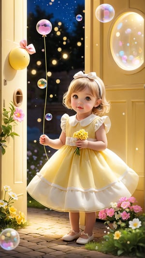 Night scene style, Side view shot, Flowers bloom, A beautiful adorable girl, With a small bow tied on her head, beautiful eyes, and a cute little girl hiding in the door, half body out door, she wearing light yellow and white dress is so sweet and play bubble toy, playful and charming.lovely portrait photography, realistic high quality portrait image,flowers bloom bokeh background, depth of field.,DonMM1y4XL