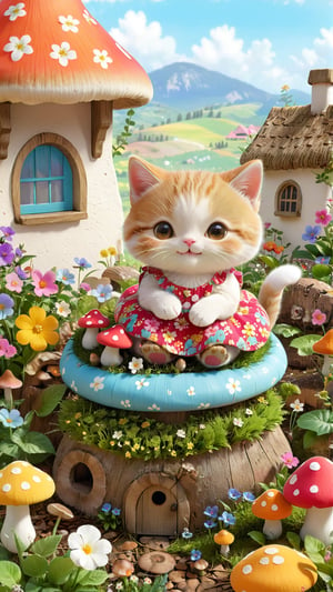 Charming and whimsical rustic centerpiece illustration of an adorable little kitten sitting in a vibrant mushroom garden.  The little cat has a sweet smile and wears an exquisite floral dress.  Surrounding the kitten is a row of colorful mushrooms, some of which have cute faces.  The background depicts a quaint cottage with a thatched roof and blooming flowers, creating a peaceful, idyllic country atmosphere.