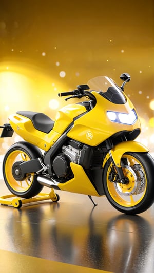 Una creación futurista y asombrosa de una motocicleta personalizada en 3D, destacada por detalles dorados y un resplandeciente brillo de color amarillo neón. La motocicleta presenta un aspecto elegante y sofisticado, inspirado en la Genesis, y adorna un fondo de plata brillante que resalta su apariencia única. El nombre "Hello" se encuentra inscrito en grandes letras cursivas, con un efecto refinado y elegante gracias al contorno dorado intenso. El sello "By Design Digital" en suaves tonos dorados es un reconocimiento al talento y habilidad del artista digital en esta obra maestra.lighting bokeh background.