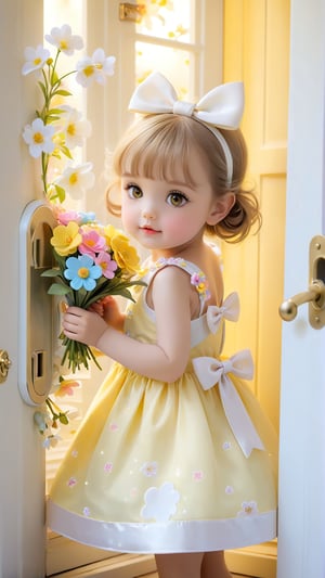 Night style, Side view shot, Flowers bloom, A beautiful adorable girl, With a small bow tied on her head, beautiful eyes, and a cute little girl hiding in the door, half body out door, she wearing light yellow and white dress is so sweet and play bubble toy, playful and charming.lovely portrait photography, realistic high quality portrait image,flowers bloom bokeh background, depth of field.