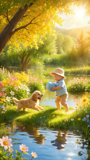 create a picture of a baby boy playing in beautiful fields with many flowers and wonderful trees playing with his golden retriever puppy in the warm light from the sun next to a tiny lake
A heartwarming scene of a baby boy in a cute sun hat, playing happily with his golden retriever puppy in a picturesque field. The field is filled with vibrant, colorful flowers and tall, lush trees that create a canopy of dappled sunlight. The baby and puppy are splashing in the shallow water of a tiny lake, surrounded by beautiful wildflowers. The warm sunlight casts a golden glow on the scene, capturing the innocence and joy of childhood.