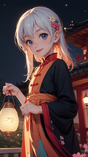 Pixar anime movie scene style, perfect face, Chinese house style, in the night, A beautiful and cute little girl with beautiful eyes is standing on the railing. six years old cute little girl holding lantern on the balcony, in the style of charming anime characters, 32k uhd, Pixar movie scene style, realistic high quality portrait photography, timeless beauty, The lantern lamp behind her are emitting soft light. She is beautiful and dreamy. smile and so happy, flowers blooming and lighting bokeh as background. 