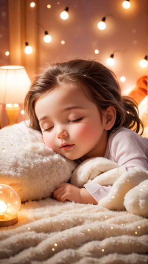 Night scene style, realistic high quality, bedroom furniture, A cute adorable beautiful eyes little girl, Lying down and Sleeping on the pillow with a fluffy blanket, closed eyes sleeped, so happiness and enjoying, lamps lighting soft bokeh background.