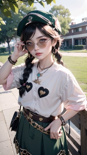 1girl, solo, long hair, looking at viewer, bangs, skirt, brown hair, black hair, hat, jewelry, braid, heart, earrings, belt, necklace, twin braids, bracelet, lips, sunglasses, child, baseball cap, female child, heart earrings, heart-shaped eyewear, pink-framed eyewear,venti (genshin impact)