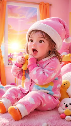 A charming animated scene, a lovely and beautiful little girl yawning widely in the early morning. She is dressed in a cozy pajama set with a warm hat and socks. The background shows a sunrise with vibrant colors of pink, orange, and yellow. There's a soft, fluffy pillow next to her with a favorite stuffed animal. The atmosphere is cozy and comforting, capturing the essence of a child's early morning routine.