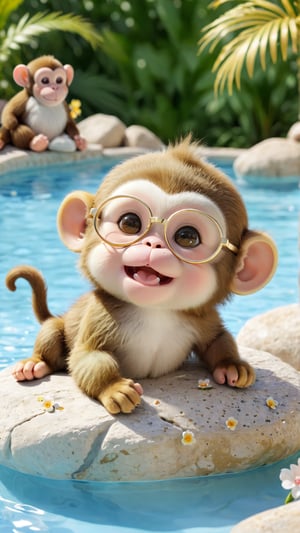 A cute, fluffy baby monkey with soft, white fur lounging playfully on a smooth rock by a poolside. The monkey is wearing adorable, round, gold-framed glasses with little floral embellishments on the sides, adding a touch of whimsy to its look. Its tiny hands rest under its chin as it puckers its lips, giving a playful, almost human-like expression. The background is slightly blurred, featuring a pool with people in the distance, which emphasizes the focus on the charming and adorable monkey. The overall scene is bright, cheerful, and full of light-hearted, playful energy, capturing a moment of pure joy and cuteness., cinematic, photo