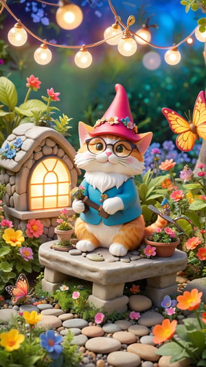 A whimsical garden scene featuring a charming cat gnome sitting on a stone bench. The cat gnome is adorned with a tiny hat and glasses, holding a miniature gardening tool in its paw. The surroundings are filled with vibrant flowers, twinkling fairy lights, and delicate butterflies fluttering about. The overall atmosphere of the image is enchanting and full of charm.