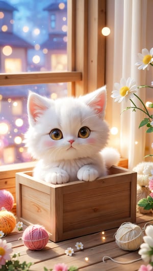 Pixar anime movie scene style, realistic high quality animal photography, A white adorable cute fluffy beautiful eyes so charming kitten behind in the wooden box, looking outside and The curious expression is so cute, colours Ball of yarnnear the box.flowers bloom bokeh and lights soft and curtain and window as background, depth of field.