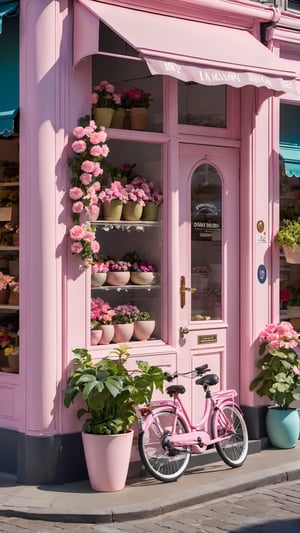 flower, outdoors, day, no humans, plant, ground vehicle, scenery, pink flower, door, potted plant, bicycle, shop, flower pot, storefront