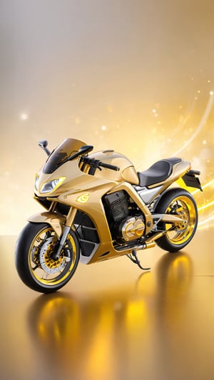 A futuristic and stunning creation of a 3D custom motorcycle, highlighted by gold accents and a blazing neon yellow glow. The motorcycle features a sleek and sophisticated look, inspired by the Genesis, and adorns a shiny silver background that highlights its unique appearance. The name "Hello" is inscribed in large cursive letters, with a refined and elegant effect thanks to the intense gold outline. The "By Design Digital" stamp in soft golden tones is a recognition of the talent and skill of the digital artist in this masterpiece.lighting bokeh background.